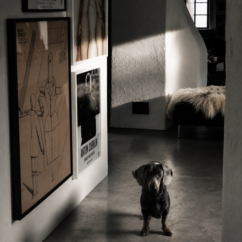 Golv i Betonggrå microcement – hall, hund, konstverk