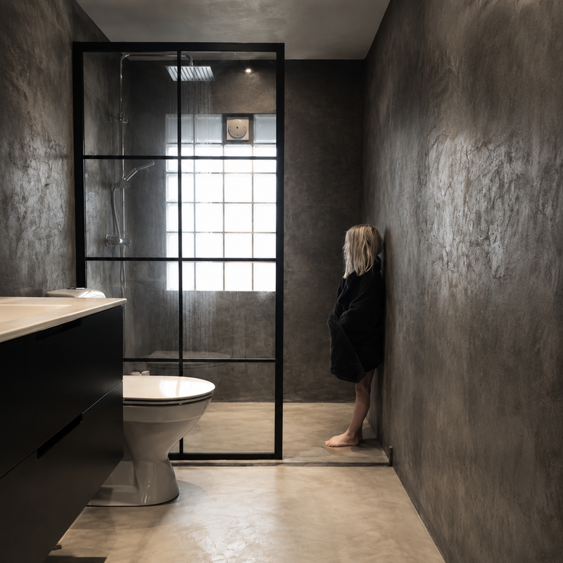 Badrum i Mörkgrå microcement – dusch, person, hörn