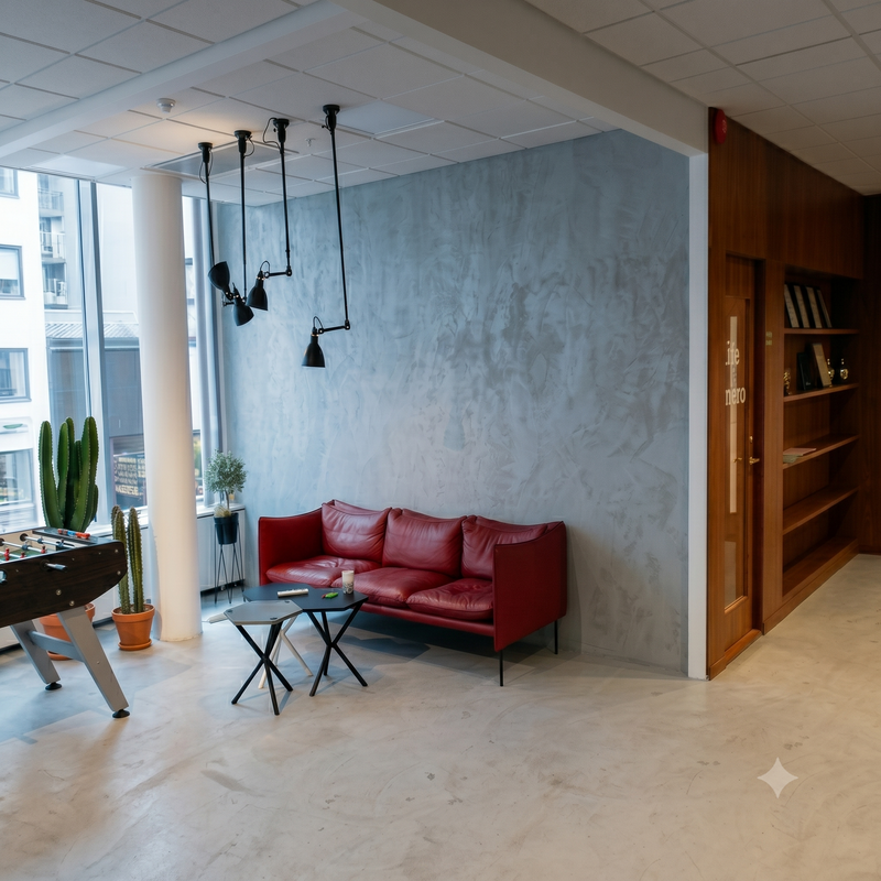 Vägg i Ljusgrå microcement – kontorslounge, röd, soffa